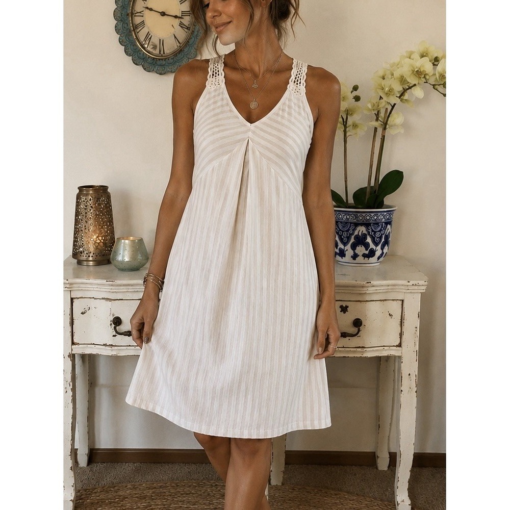 Mudd Boho Crochet Lace Tank Dress Cream Striped Sleeveless Womens M Cottagecore